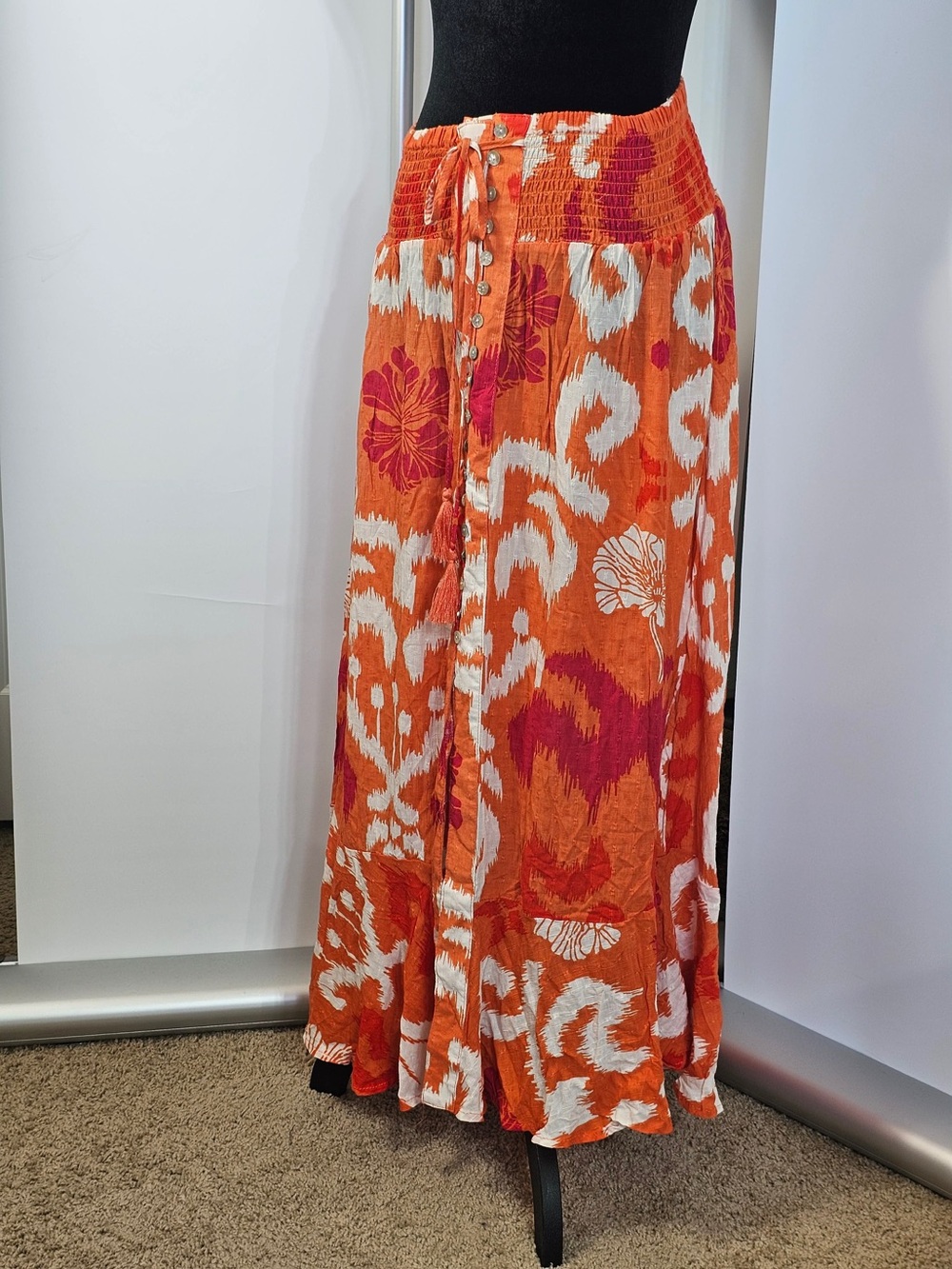 #158 Rachel Zoe NWT Size S Orange Boho Floral Print Button Front Maxi Skirt